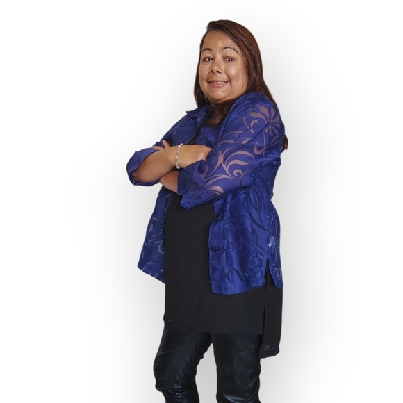 Sheer Blue Button-Up Blouse - Picture 4 of 16